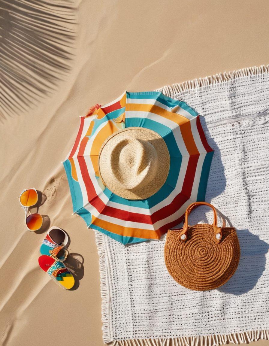 A stylish beach scene featuring a retro-inspired beach umbrella, chic swimwear displayed on a colorful towel, trendy sunglasses resting atop a seashell, and vibrant beach accessories like a straw hat and a woven bag. The background includes gentle waves and soft white sand to evoke a fun summer vibe. The overall atmosphere should radiate a playful yet sophisticated glamour. super-realistic. vibrant colors. tropical theme.